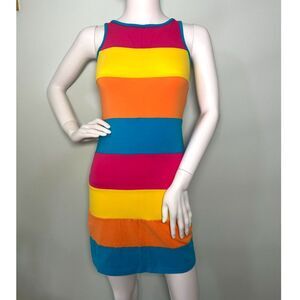 Vintage Y2K Colorblock Tank Dress Retro Rainbow Striped Bodycon size XXS